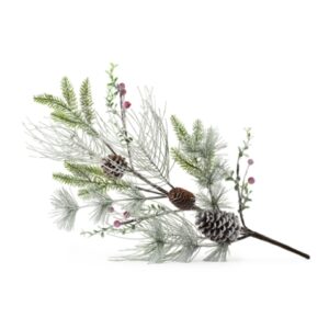 RAMO PINO ARTIFICIALE VERDE 70CM EFFETTO GHIACCIO C/PIGNE NATURALI E BACCHE**