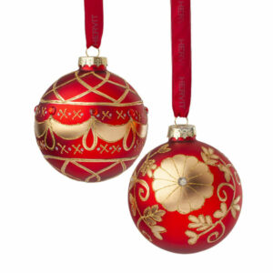 BOX 2 SFERE VETRO SOFFIATO DIA.8CM ROSSO/ORO DECORATE ORO GLITTER ASS.**