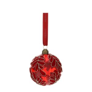 SFERA VETRO SOFFIATO DIA.8CM ROSSADEC.FOGLIE VELLUTO ROSSO GLITTER ORO