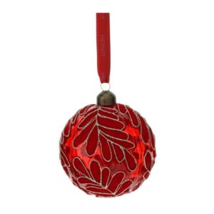 SFERA VETRO SOFFIATO DIA.10CM ROSSA DEC.FOGLIE VELLUTO ROSSO GLITTER ORO