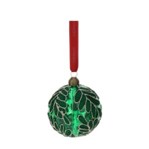 SFERA VETRO SOFFIATO DIA.8CM VERDE DEC.FOGLIE VELLUTO VERDE GLITTER ORO