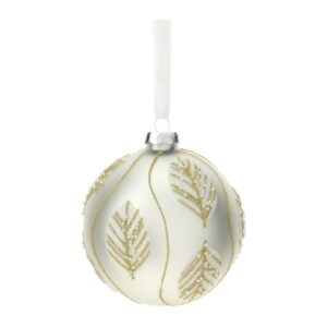 SFERA VETRO SOFF.DIA.10CM BIANCO SATINAT DEC.FOGLIE PERLINE GLITTER ORO