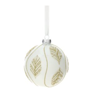 SFERA VETRO SOFFIATO DIA.10CM BIANCO DEC.FOGLIE PERLINE GLITTER ORO