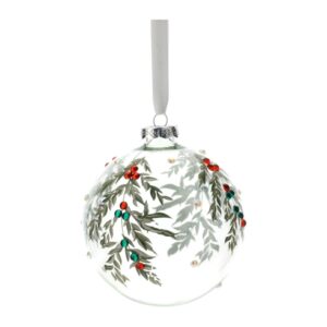 SFERA VETRO SOFFIATO DIA.8CM TRASPARENTE FOGLIOLINE VERDI E STRASS MULTICOLOR