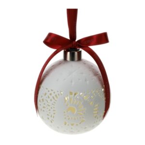 SFERA PORC.TRAF.BIANCA BISCUIT 10CM NATIVITA', LUCE LED, NASTRO RASO ROSSO