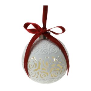 SFERA PORC.TRAF.BIANCA BISCUIT 10CM ROSE, LUCE LED, NASTRO RASO ROSSO