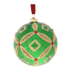 SFERA VETRO SOFF.DEC.ROMBO DIA.12CM VERD DIPINTA A MANO C/NASTRO ROSSO