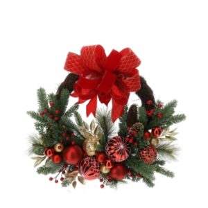 CORONA NATALIZIA PINO DEC.DIA.61XH17CM BASE RATTAN SFERE/PIGNE/BACCHE ROSSE