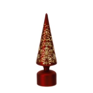 ALBERO CONO VETRO LED ROSSO DIA.9XH31CM DECORO TRAFORATO LASER A BATT.