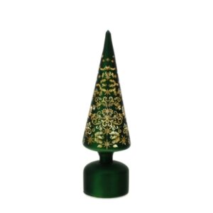 ALBERO CONO VETRO LED VERDE DIA.9XH31CM DECORO TRAFORATO LASER A BATT.