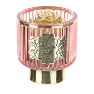 PORTACANDELA VETRO ROSA/ORO DIA.8X9CM