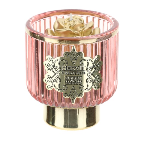 PORTACANDELA VETRO ROSA/ORO DIA.8X9CM