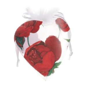 SACCHETTO CUORE ORGANZA BIANCO 12X17CM C/INTERNO PVC STAMPA ROSA BACCARAT ROSSA