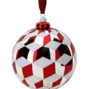 SFERA VETRO BOREALE CUBES DIA.10CM BIANCO/ROSSO/ARGENTO C/GANCIO