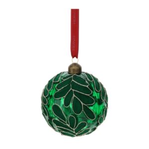 SFERA VETRO SOFFIATO DIA.10CM VERDE DEC.FOGLIE VELLUTO ROSSO GLITTER ORO