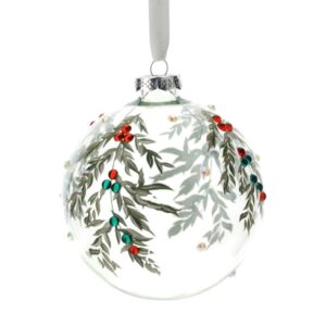 SFERA VETRO SOFFIATO DIA.10CM TRASPARENT FOGLIOLINE VERDI E STRASS MULTICOLOR SCAT.REG.