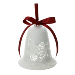 CAMPANA PORC.TRAF.BIANCA BISCUIT 15CM ROSE, NASTRO RASO ROSSO