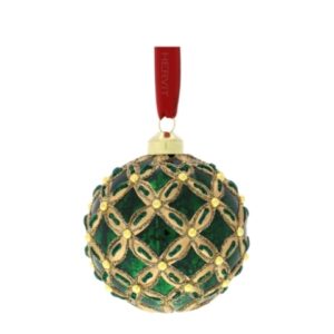 SFERA VETRO SOFF.DEC.RETE DIA.8CM VERDE DIPINTA A MANO C/NASTRO ROSSO