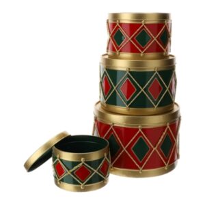 SCATOLA TAMBURO DIA. 26 CM METALLO DIPINTO A MANO ROSSO/VERDE/ORO MISURA M