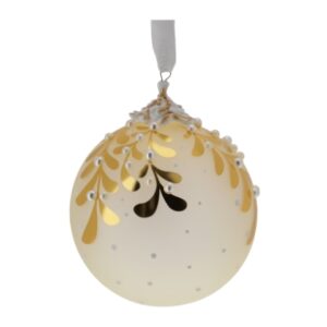 SFERA VETRO SATINATO DIA.10CM C/FOGLIE ORO LAMINA, PERLE E GANCIO PORC.BIANCO